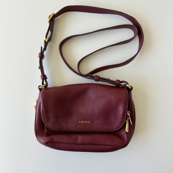Fossil • Preston Burgundy Wine Leather Flap Crossbody Purse - Picture 2 of 15